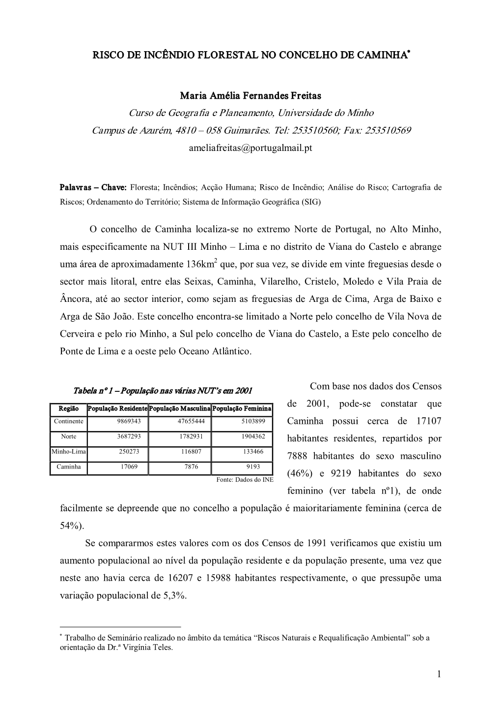 Risco De Incêndio Florestal No Concelho De Caminha ∗