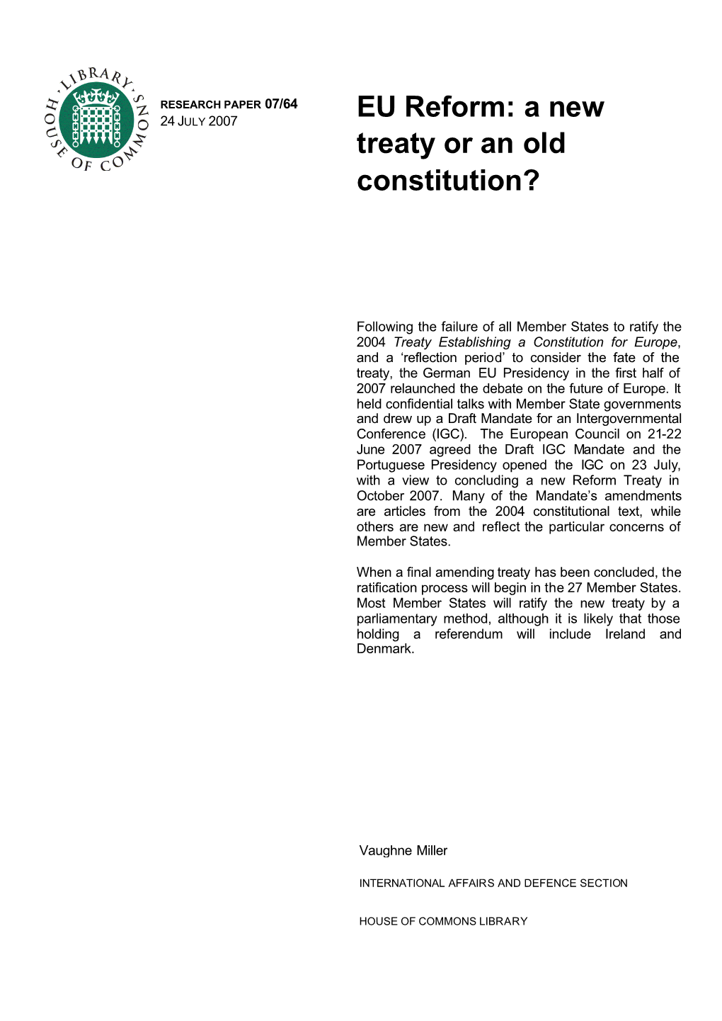EU Reform: a New Treaty Or an Old Constitution?