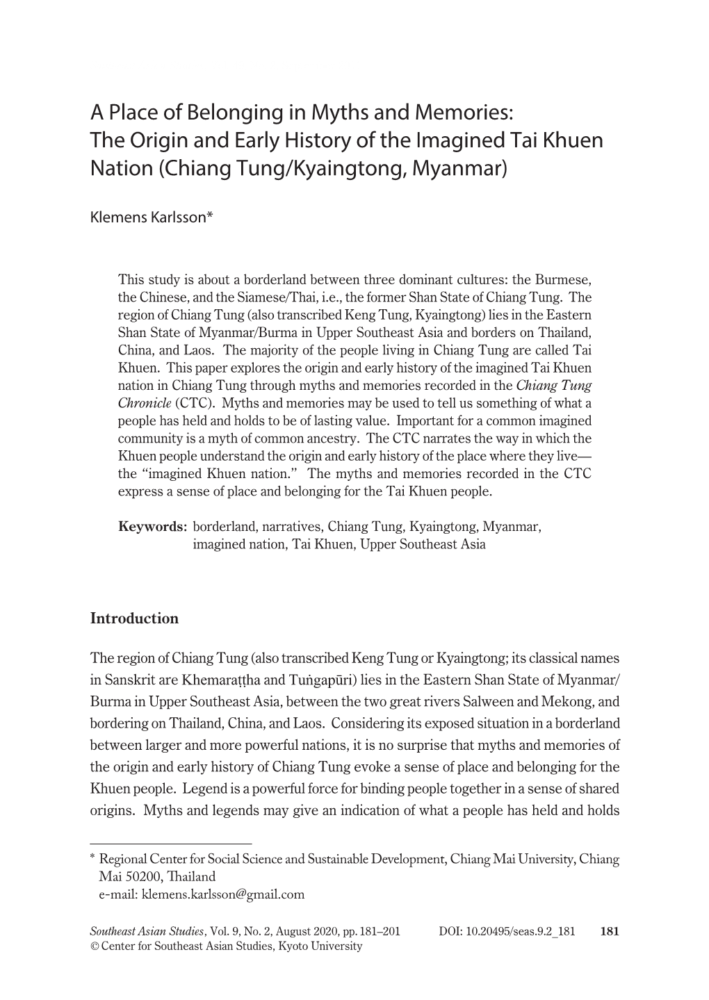 The Origin and Early History of the Imagined Tai Khuen Nation (Chiang Tung/Kyaingtong, Myanmar)