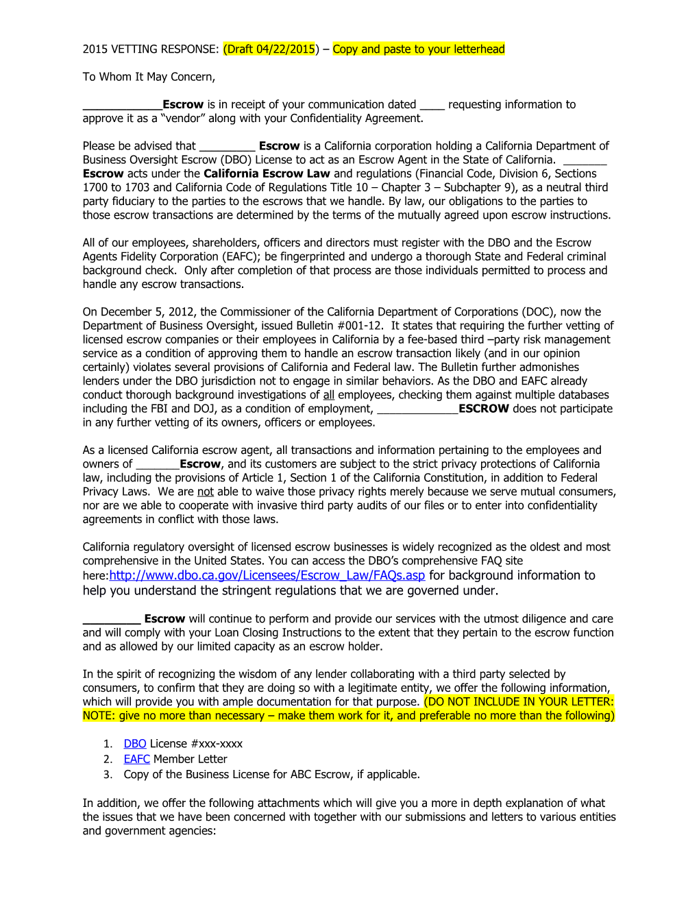 2015 VETTING RESPONSE: (Draft 04/22/2015) Copy and Paste to Your Letterhead