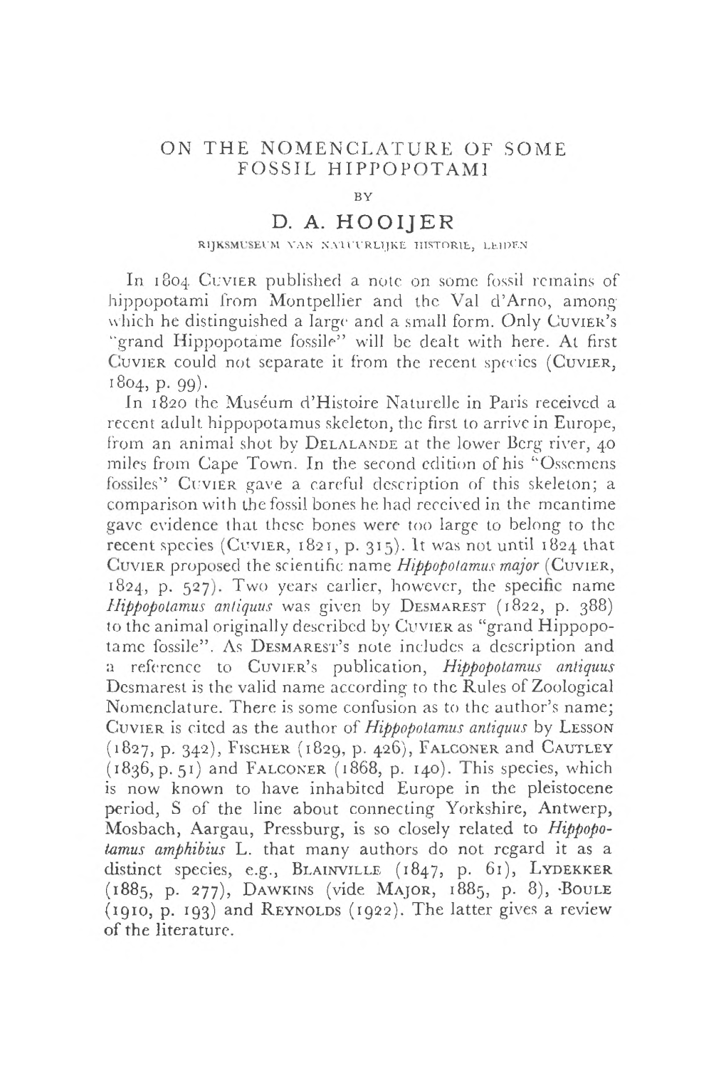 In 1804 C L'vier Published a Note on Some Fossil Remains of Hippopjotami