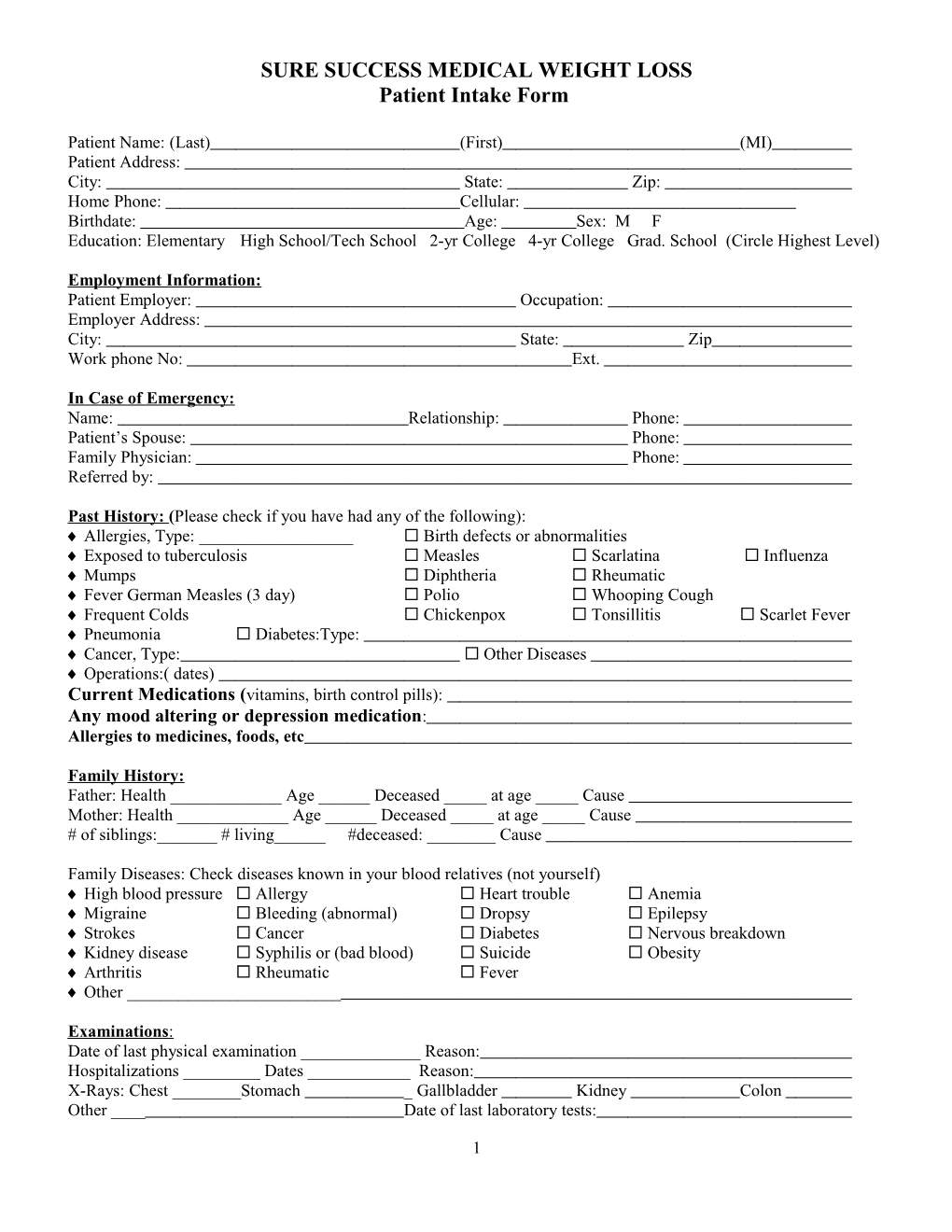 Patient Intake Form Example