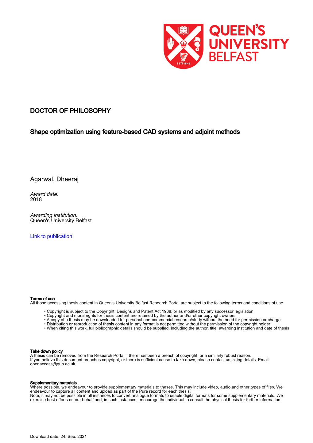 Shape Optimization Using Feature-Based CAD Systems and Adjoint Methods