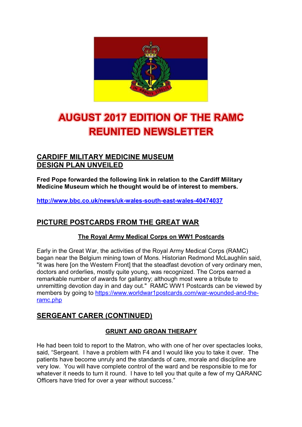 August 2017 Edition of the Ramc Reunited Newsletter