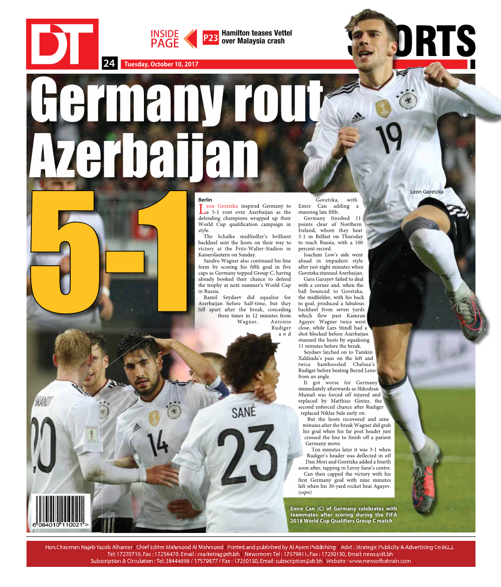 SPORTS 2424 Tuesday, October 10, 2017 Germany Rout