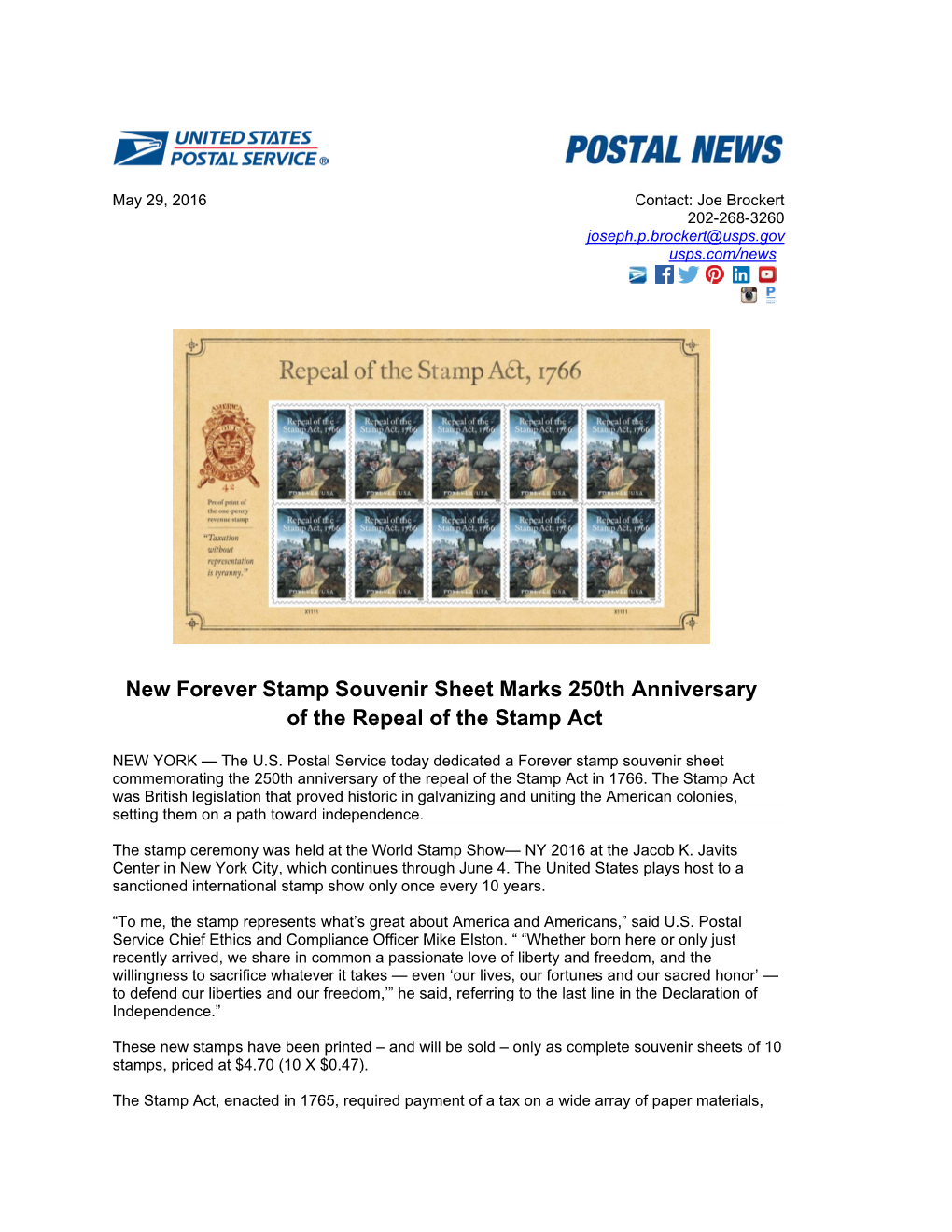 New Forever Stamp Souvenir Sheet Marks 250Th Anniversary of the Repeal of the Stamp Act