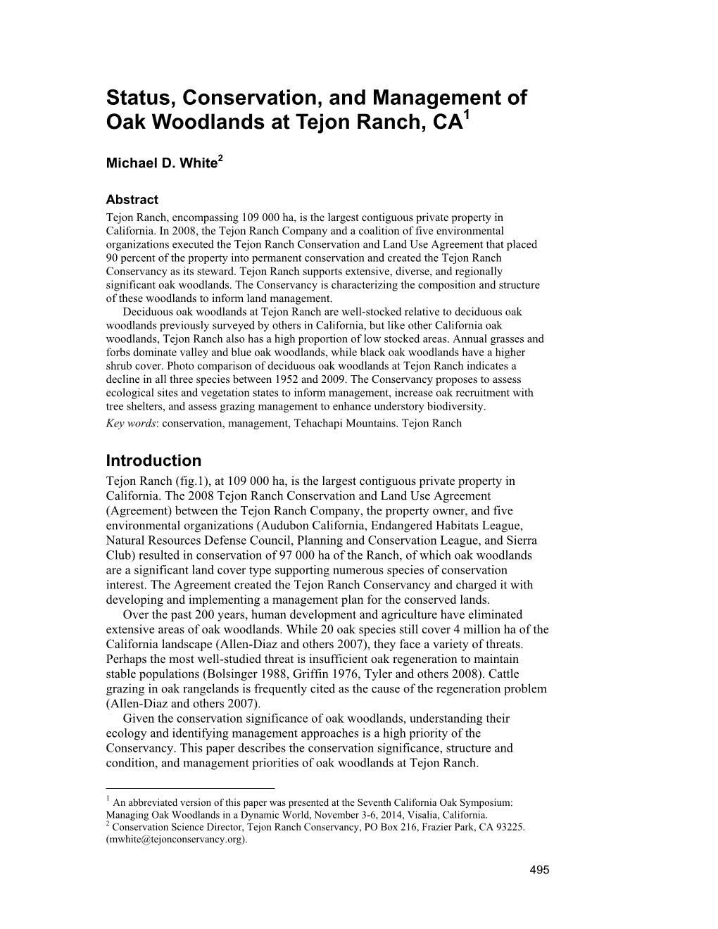 Status, Conservation, and Management of Oak Woodlands at Tejon Ranch, CA1