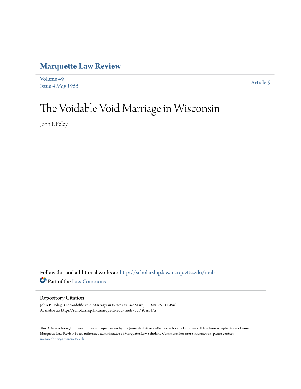 The Voidable Void Marriage in Wisconsin, 49 Marq