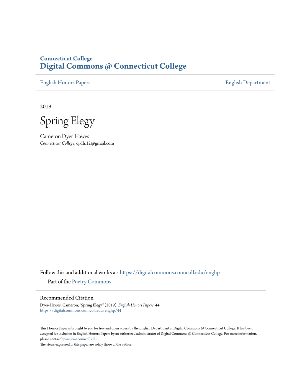 Spring Elegy Cameron Dyer-Hawes Connecticut College, Cj.Dh.12@Gmail.Com