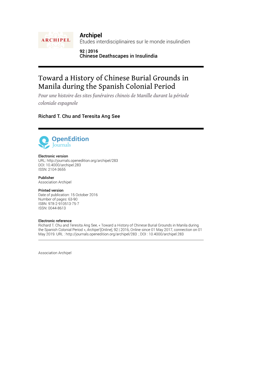 Toward a History of Chinese Burial Grounds in Manila During The