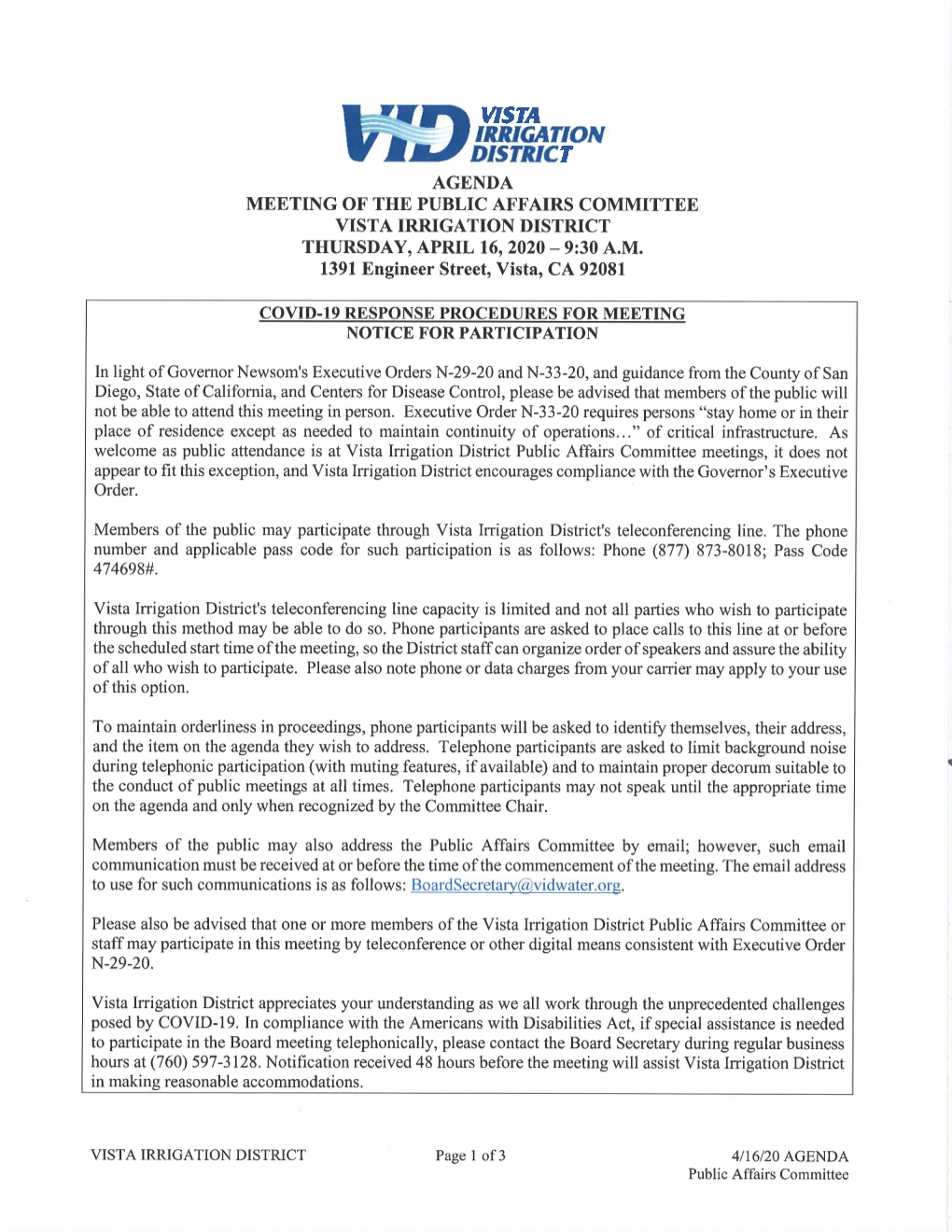 Inßjgation Dtstnct Agenda Meeting of the Public Affairs Committee Vista Irrigation District Thursday, April 16,2020 - 9:30 A.M