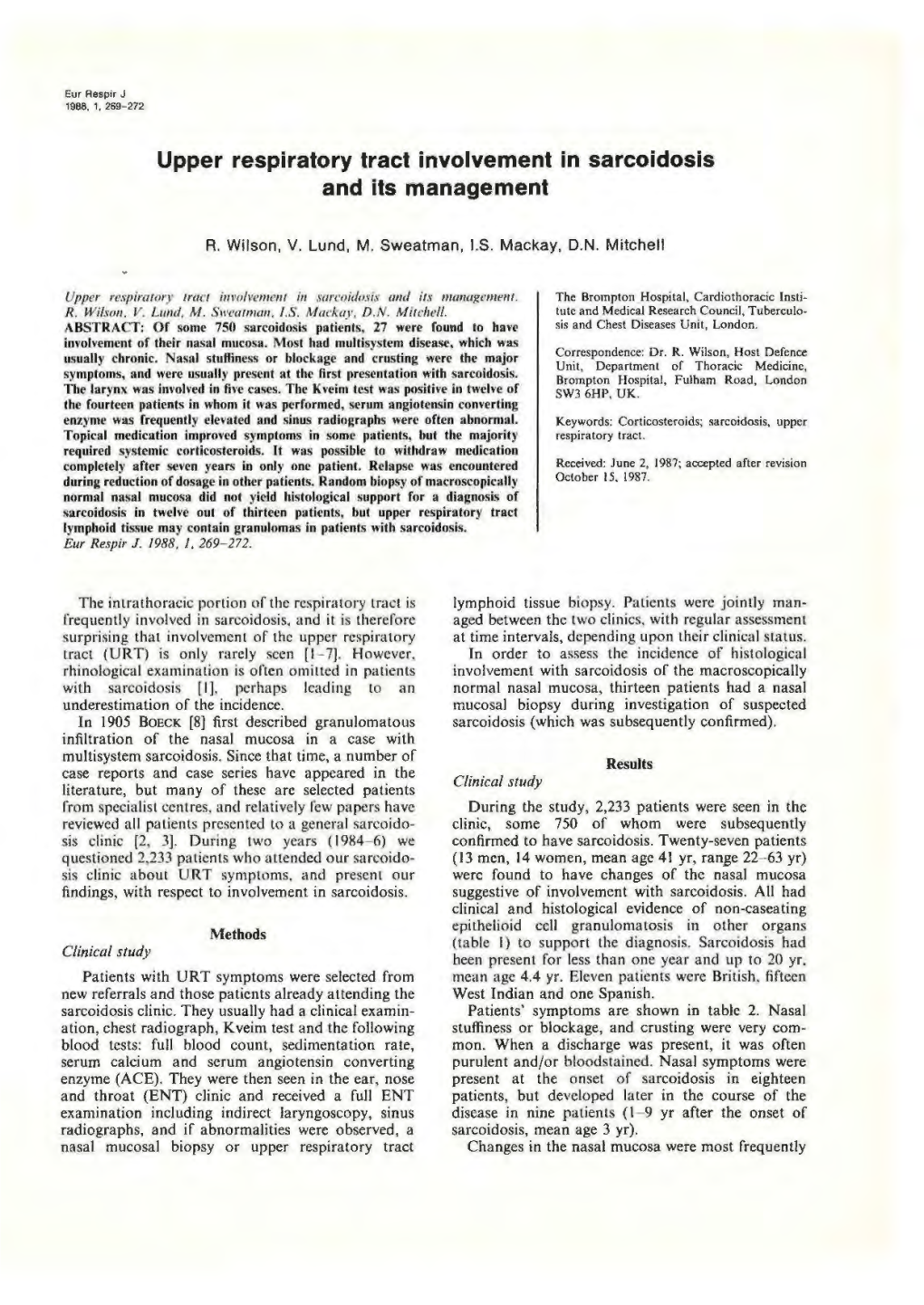 Upper Respiratory Tract Involvement in Sarcoidosis and Its Management