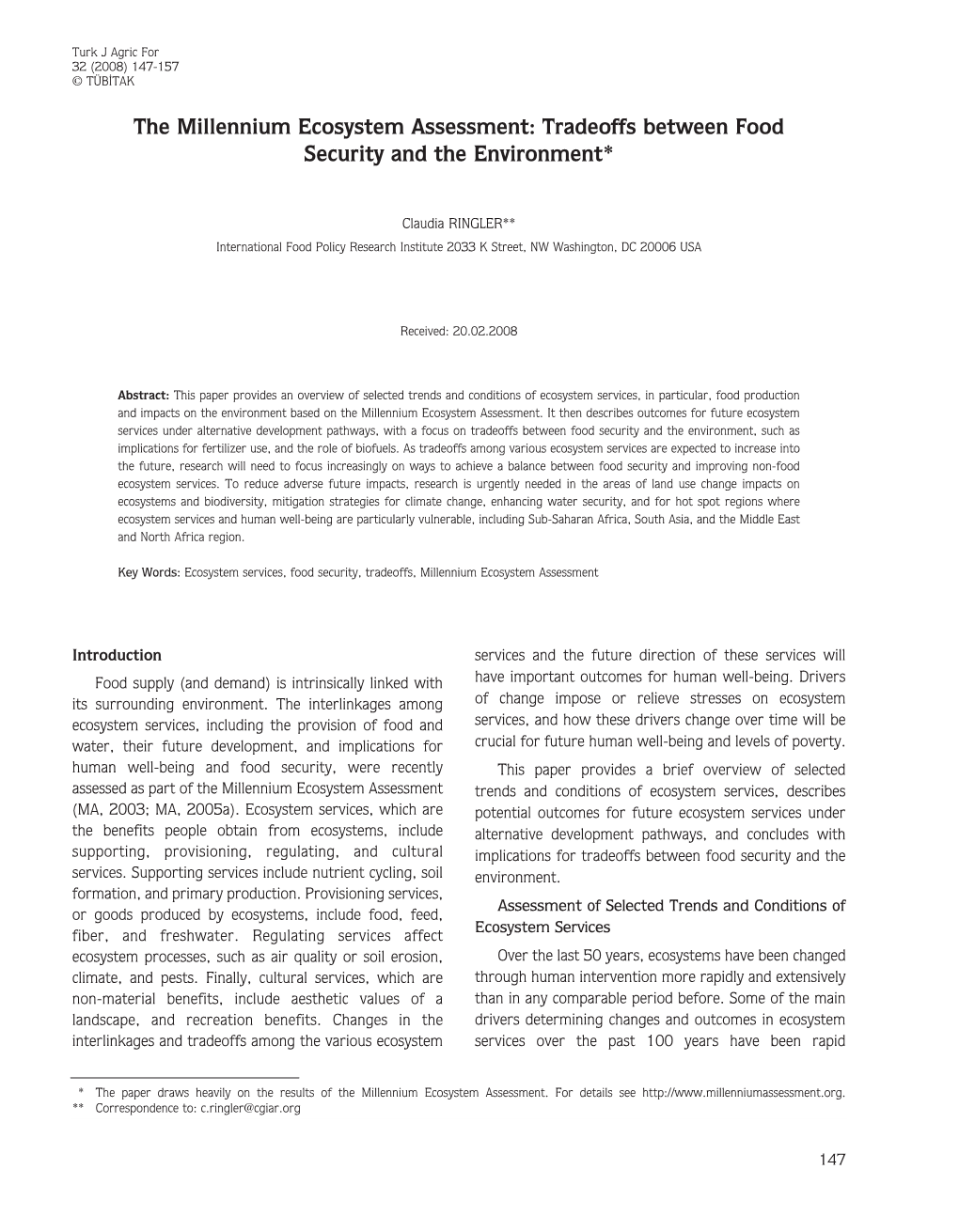 The Millennium Ecosystem Assessment: Tradeoffs Between Food Security and the Environment*