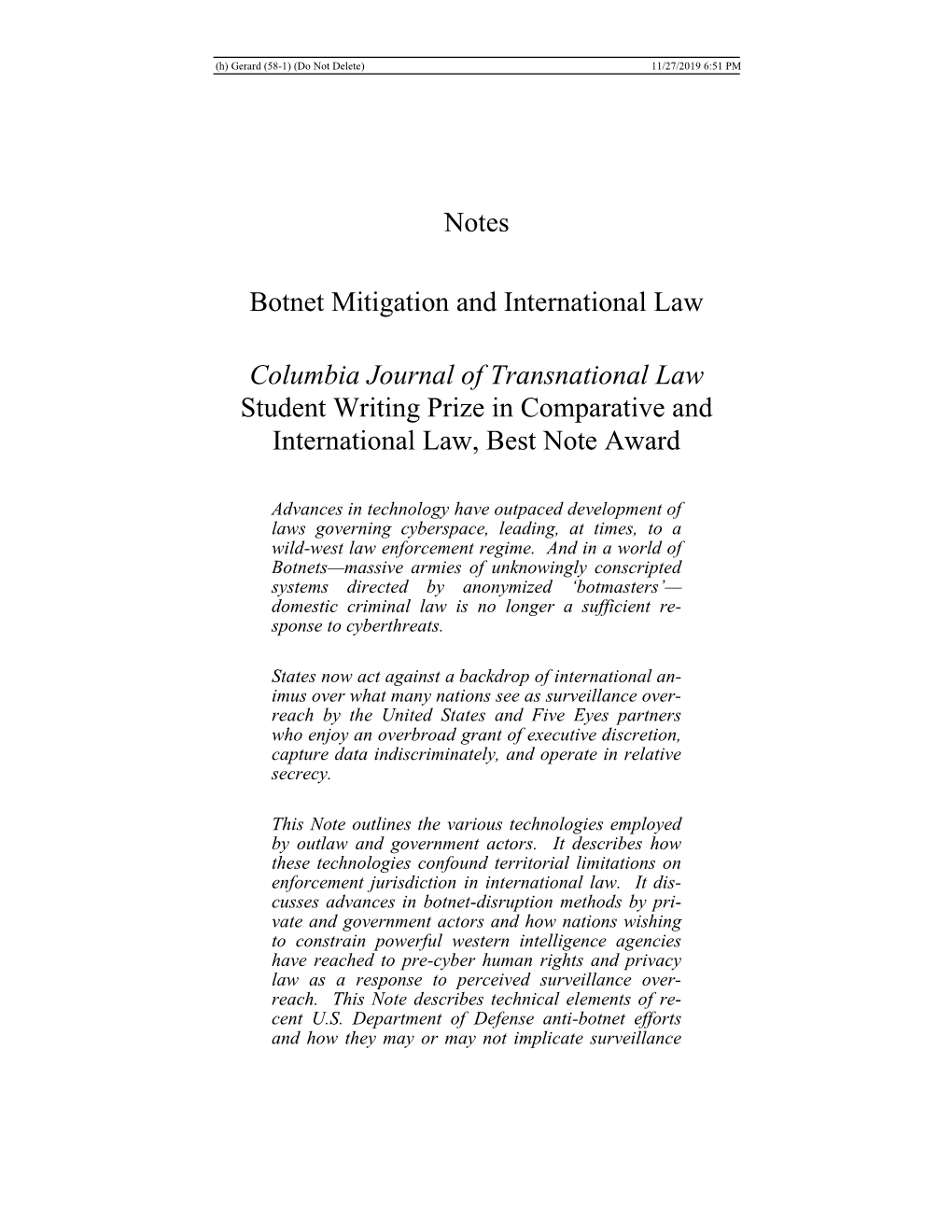 Notes Botnet Mitigation and International Law Columbia Journal