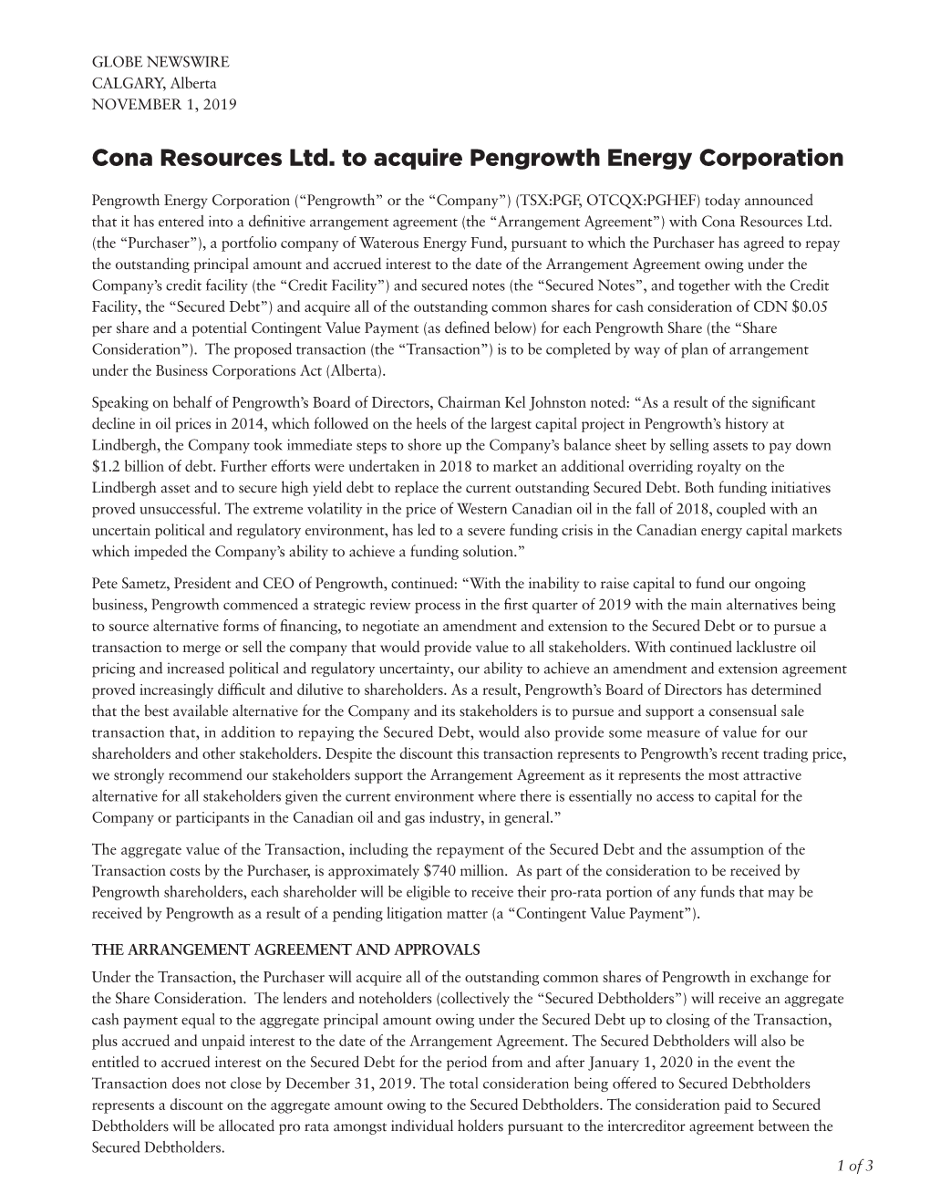 Cona Resources Ltd. to Acquire Pengrowth Energy Corporation