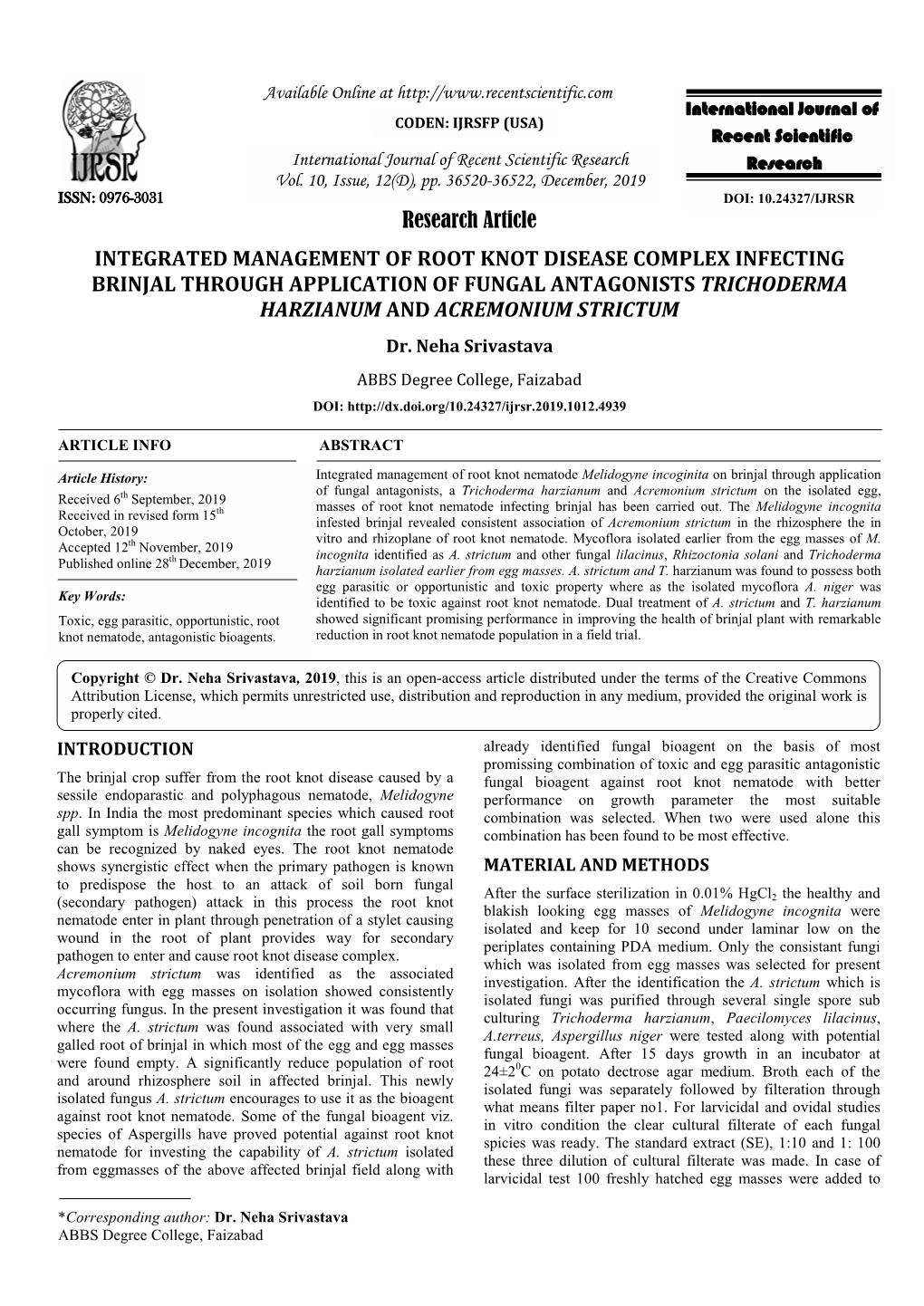 Research Article INTEGRATED MANAGEMENT of ROOT KNOT