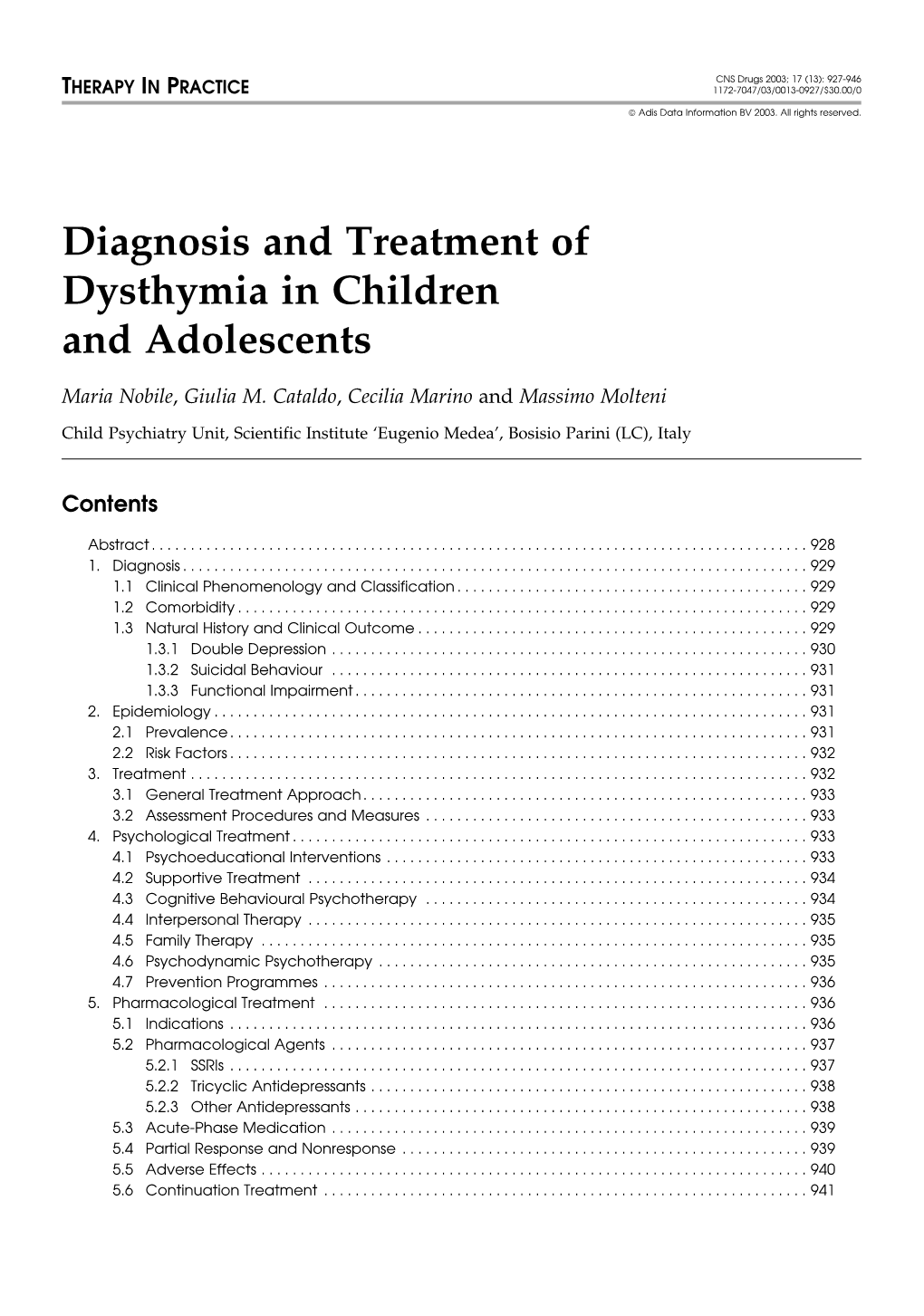 Diagnosis and Treatment of Dysthymia in Children and Adolescents