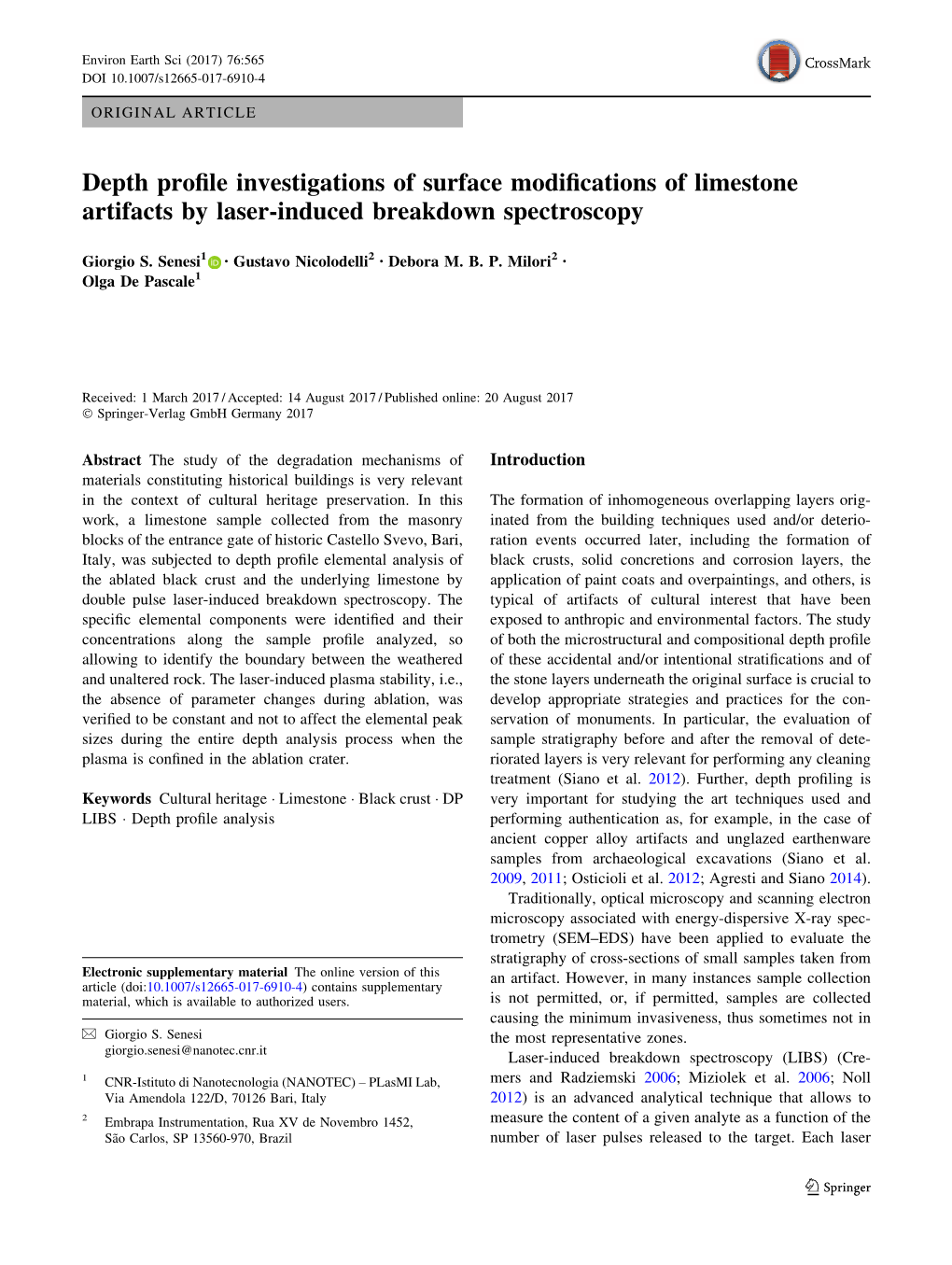 Depth Profile Investigations of Surface Modifications of Limestone Artifacts