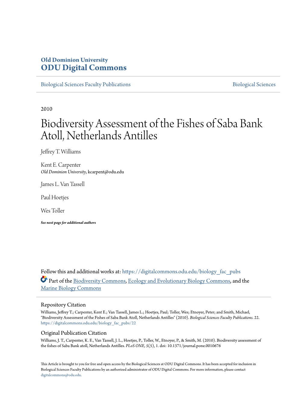 Biodiversity Assessment of the Fishes of Saba Bank Atoll, Netherlands Antilles Jeffrey T