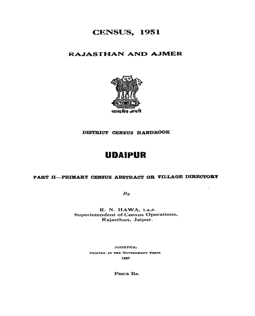 District Census Handbook, Udaipur, Rajasthan and Ajmer