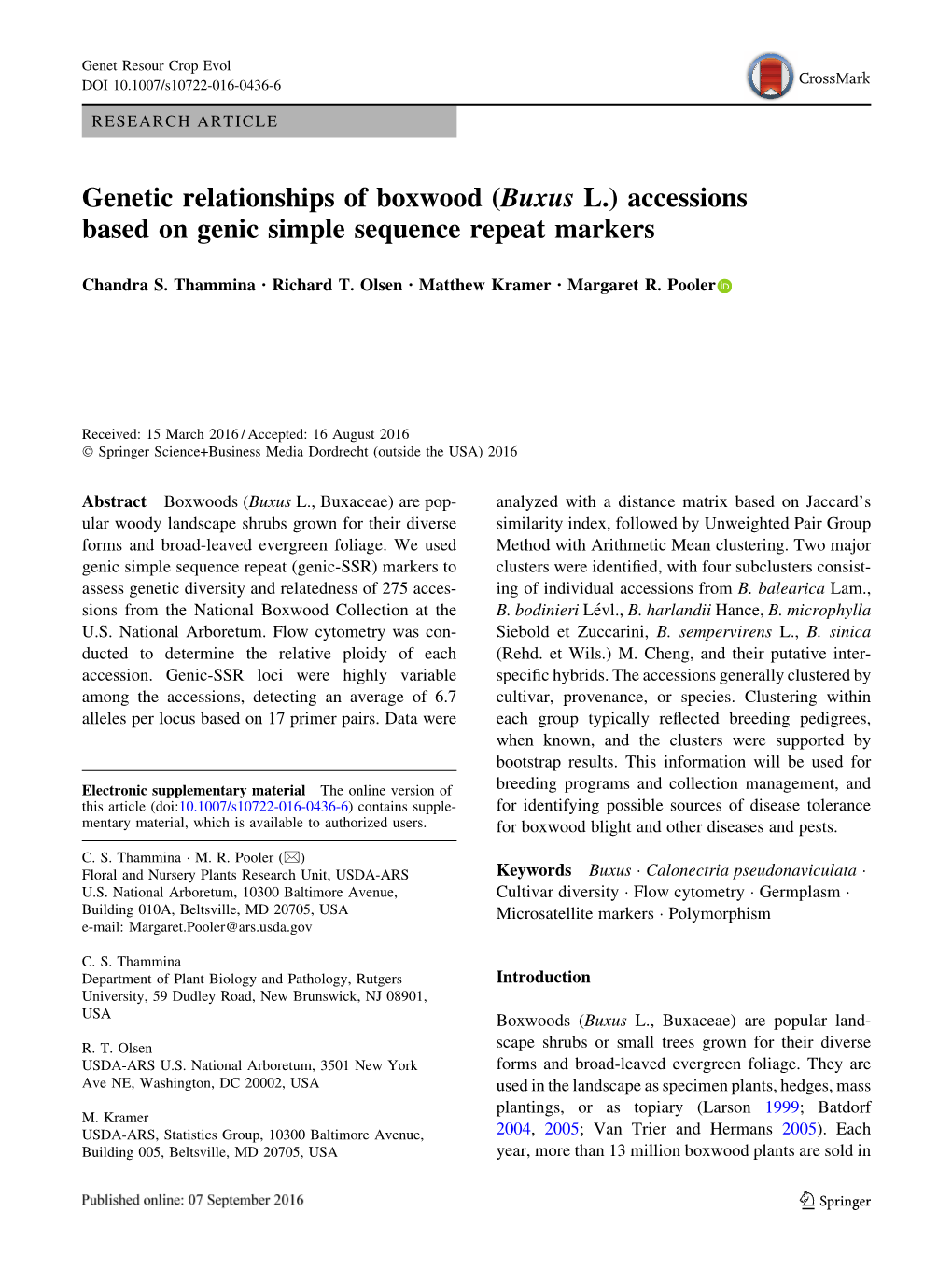 (Buxus L.) Accessions Based on Genic Simple Sequence Repeat Markers