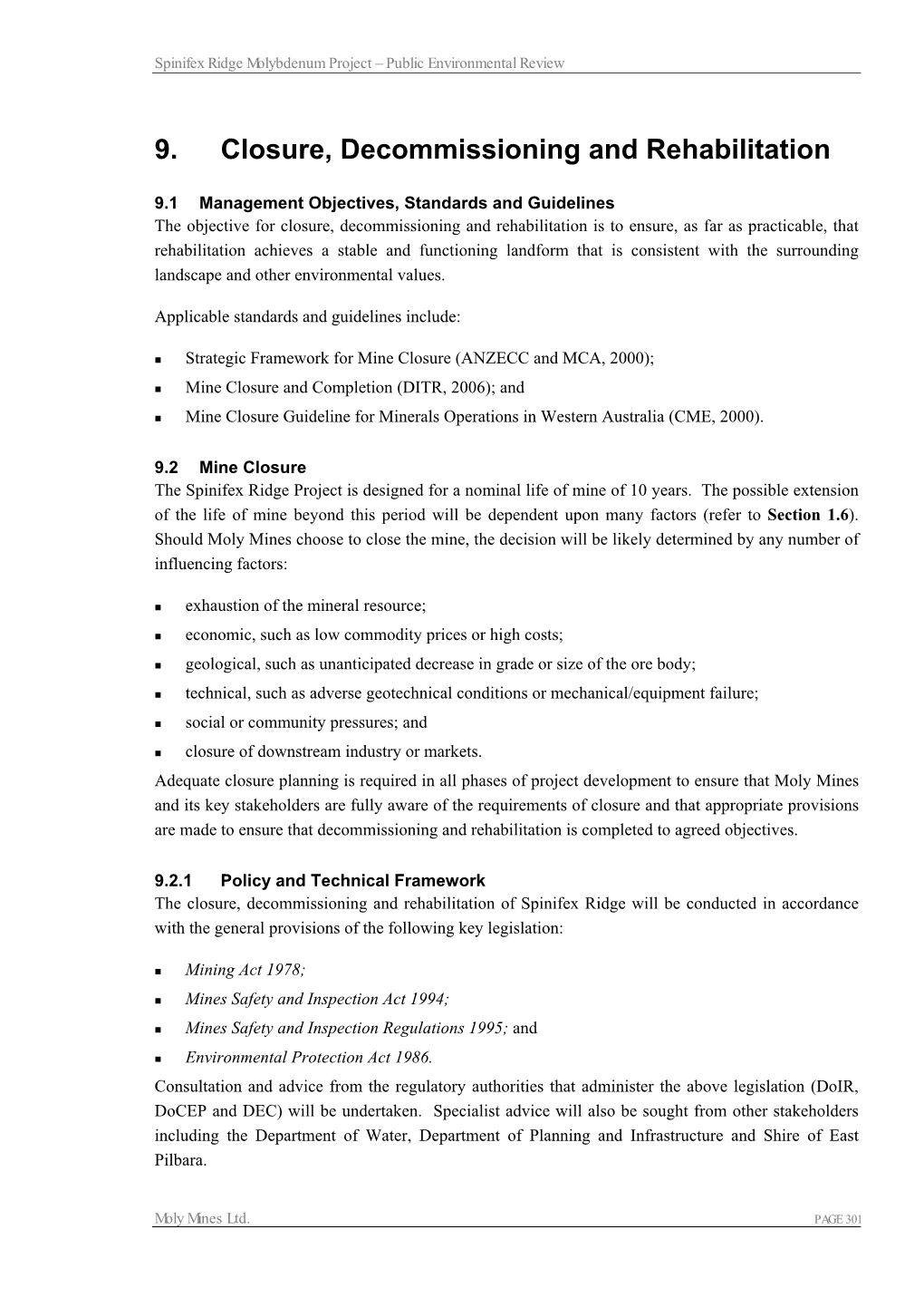 9. Closure, Decommissioning and Rehabilitation