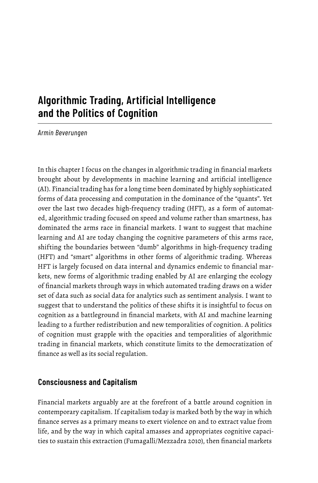 Algorithmic Trading, Artificial Intelligence and the Politics of Cognition