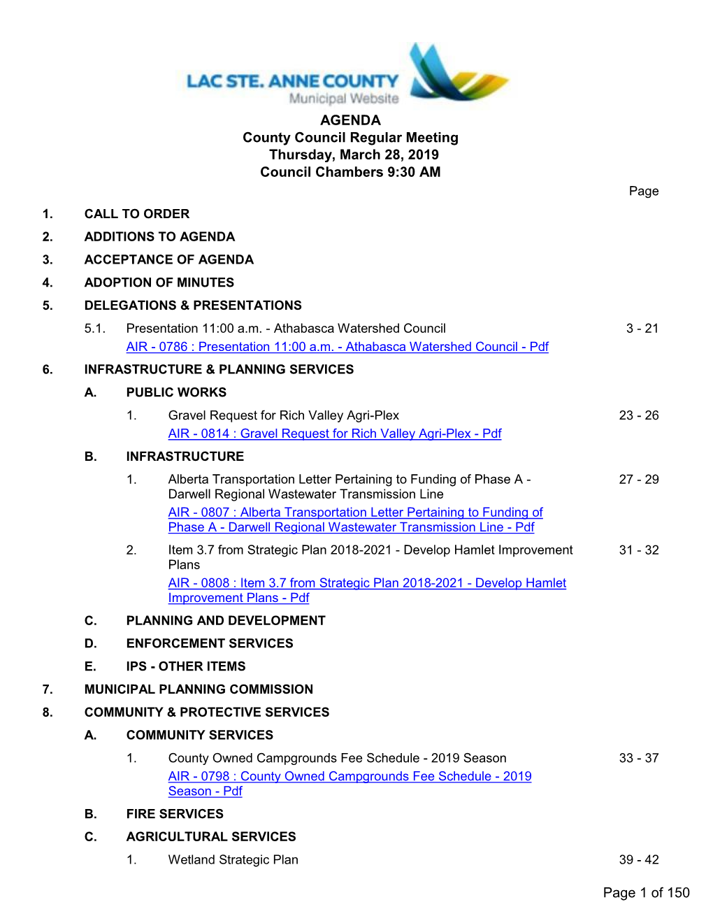 County Council Regular Meeting Thursday, March 28, 2019 Council Chambers 9:30 AM Page