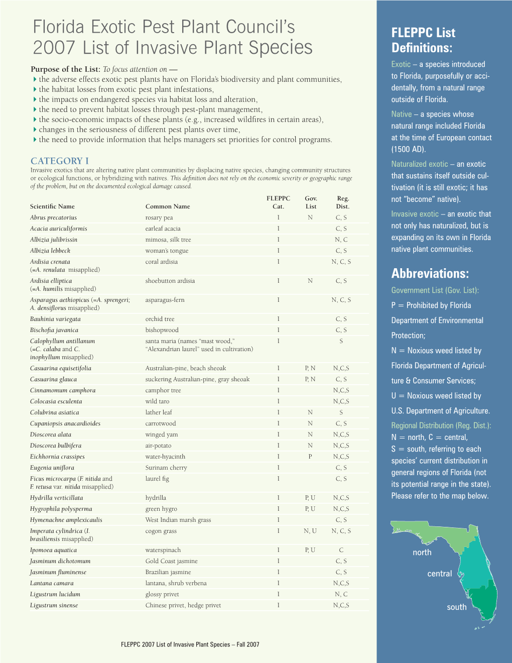 Florida Exotic Pest Plant Council's 2007 List of Invasive Plant Species