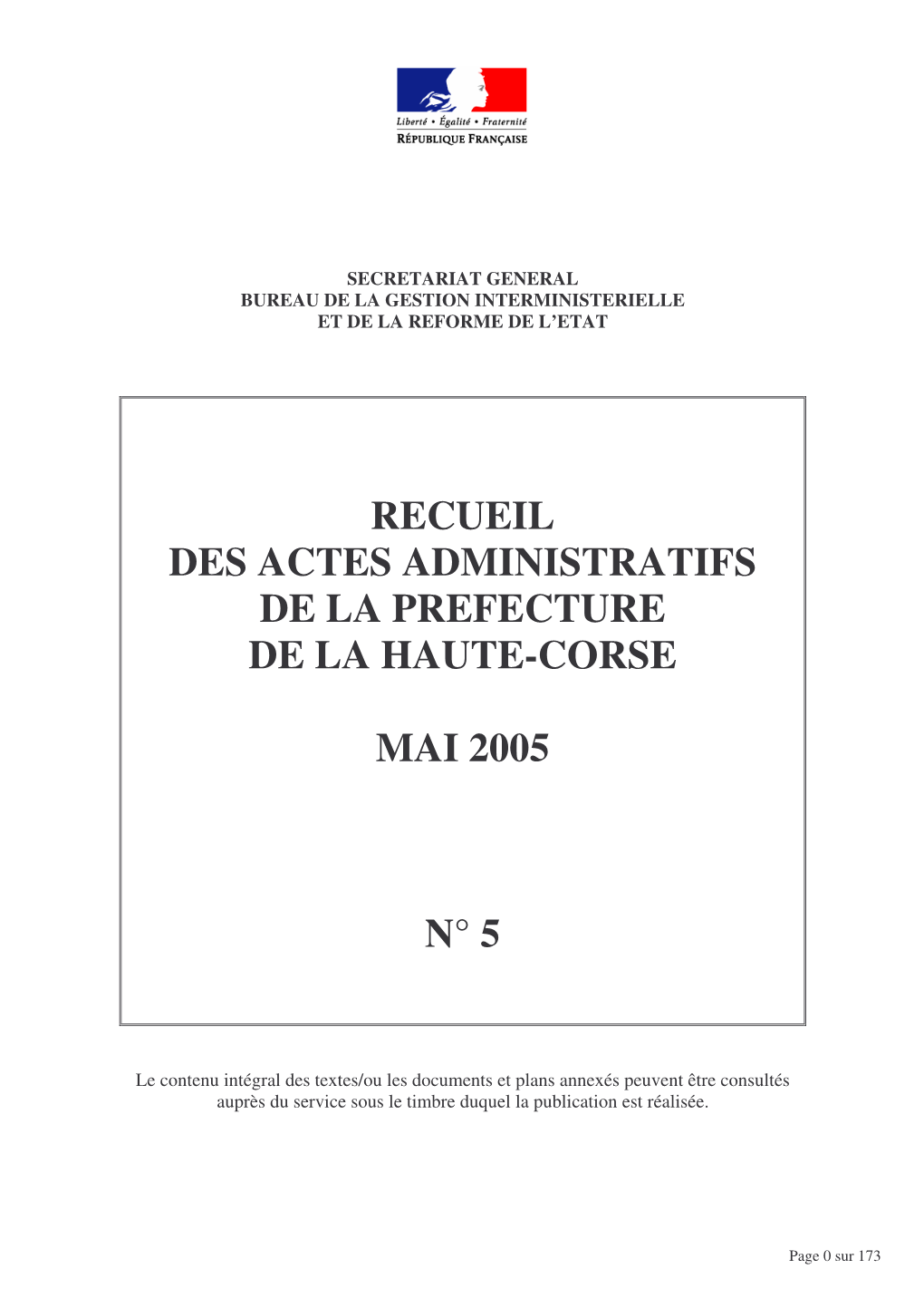 Recueil Des Actes Administratifs De La Prefecture De La Haute-Corse Mai 2005 N° 5