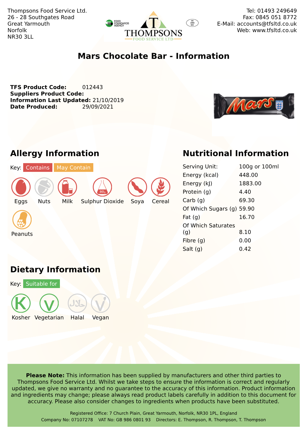 Mars Chocolate Bar - Information