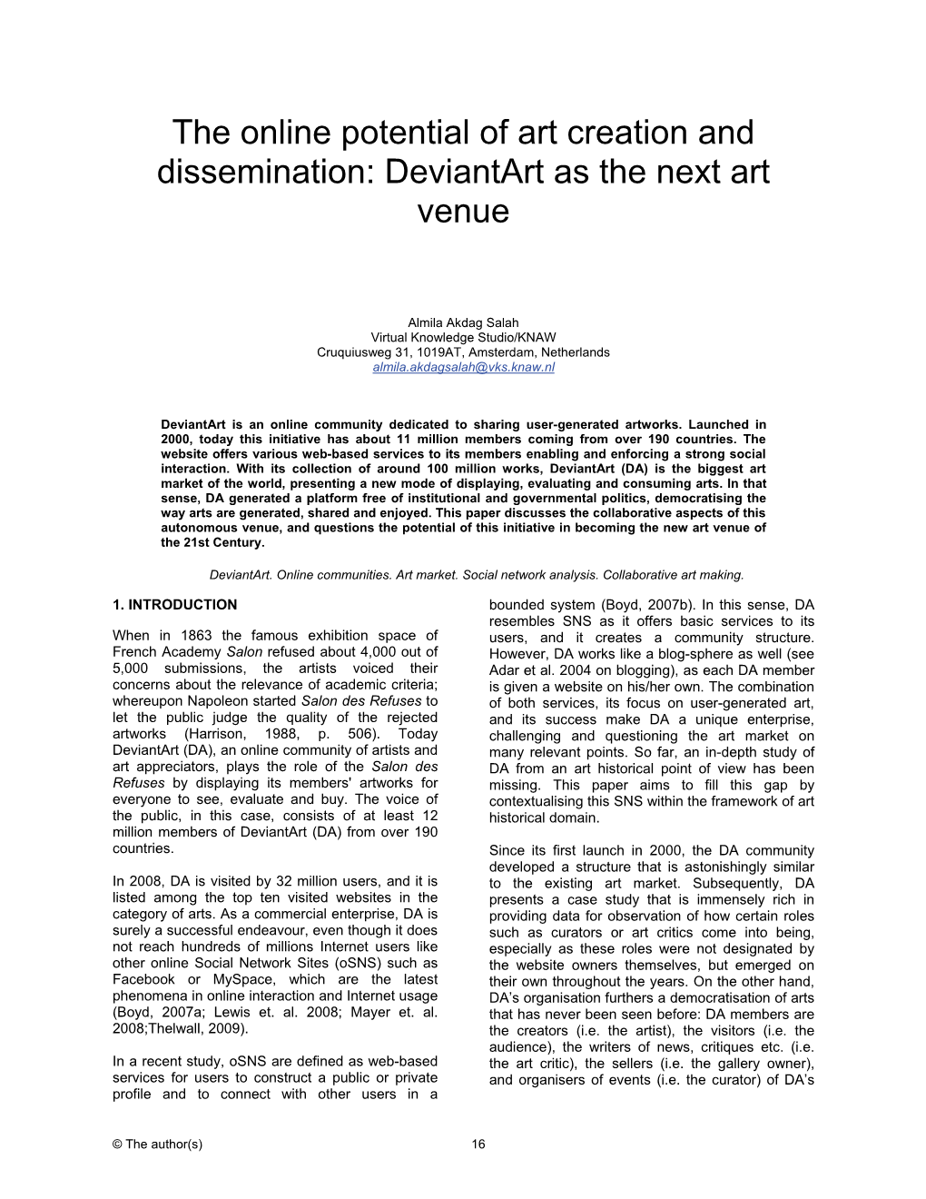 The Online Potential of Art Creation and Dissemination: Deviantart As the Next Art Venue