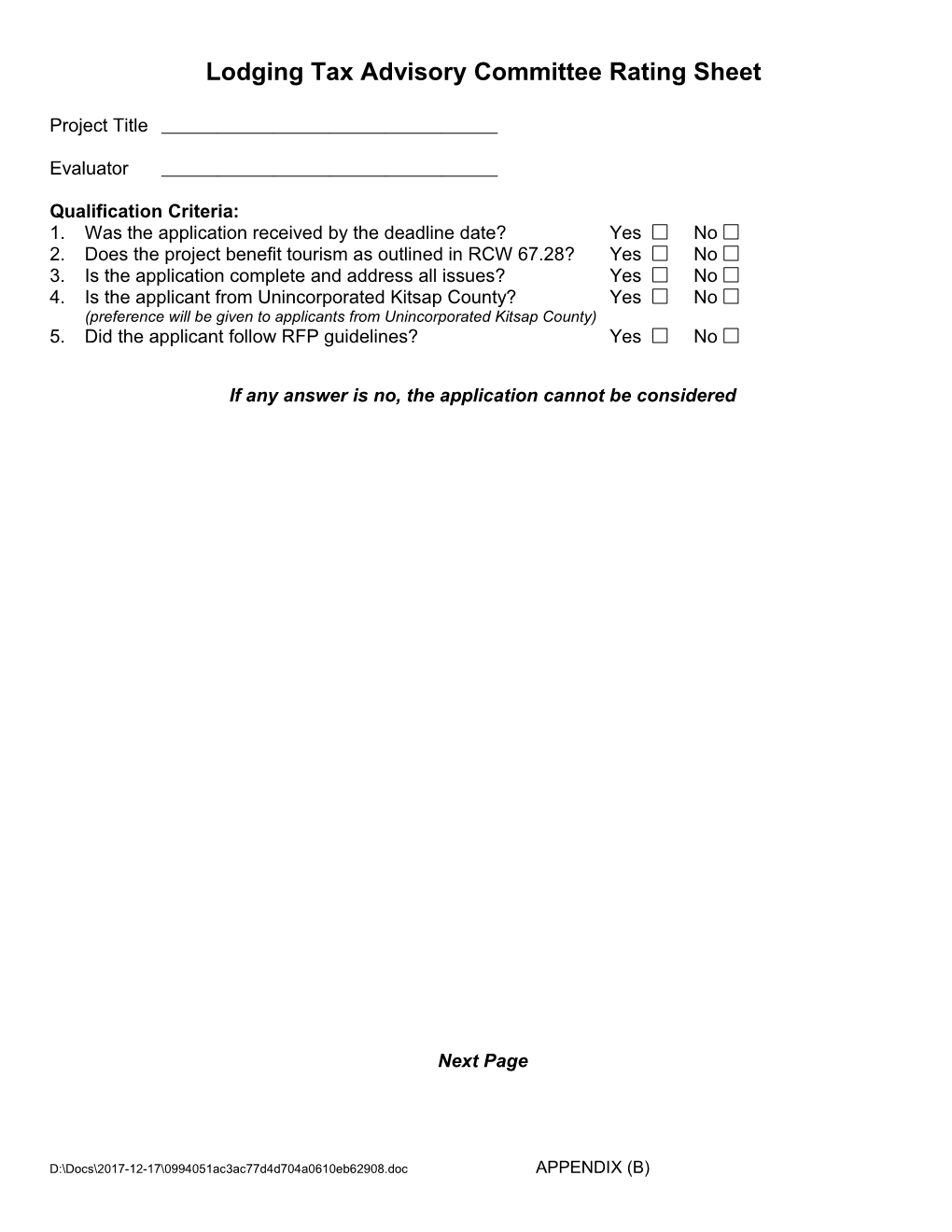 Lodging Tax Advisory Committee Rating Sheet