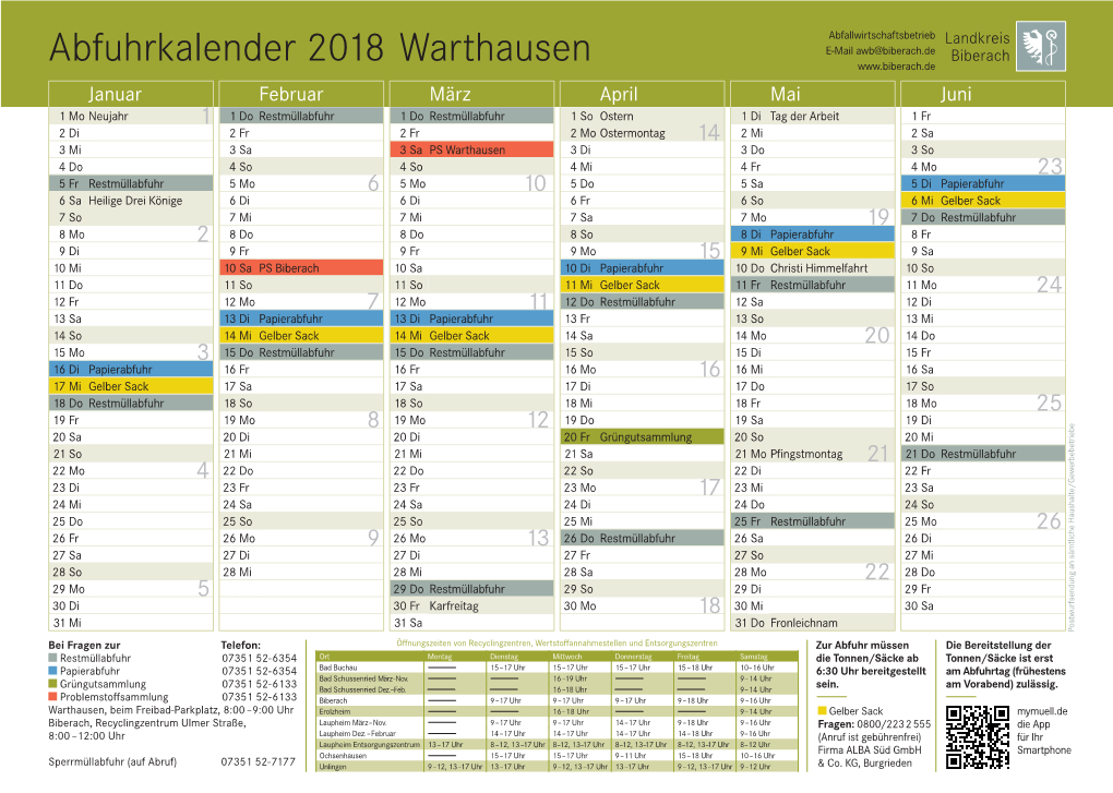 Abfuhrkalender 2018 Warthausen