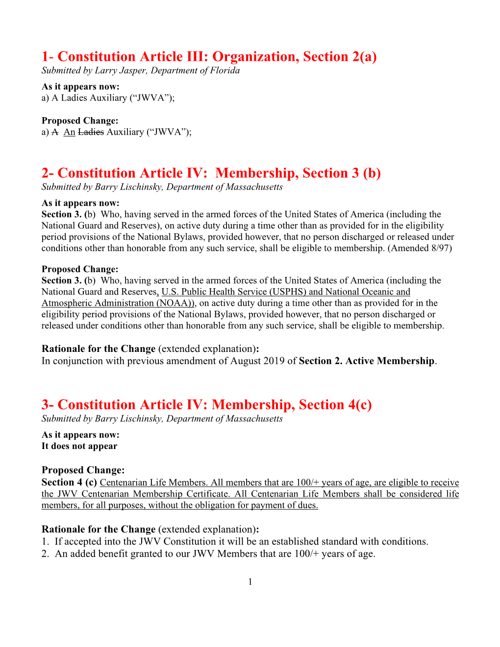 Constitution Article III: Organization, Section 2(A) Submitted by Larry Jasper, Department of Florida As It Appears Now: A) a Ladies Auxiliary (“JWVA”);