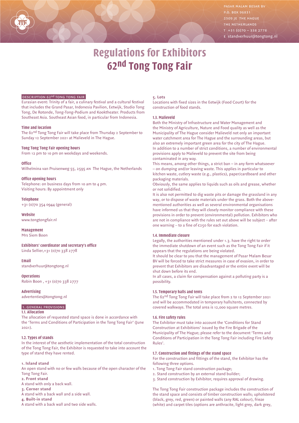Regulations for Exhibitors 62Nd Tong Tong Fair