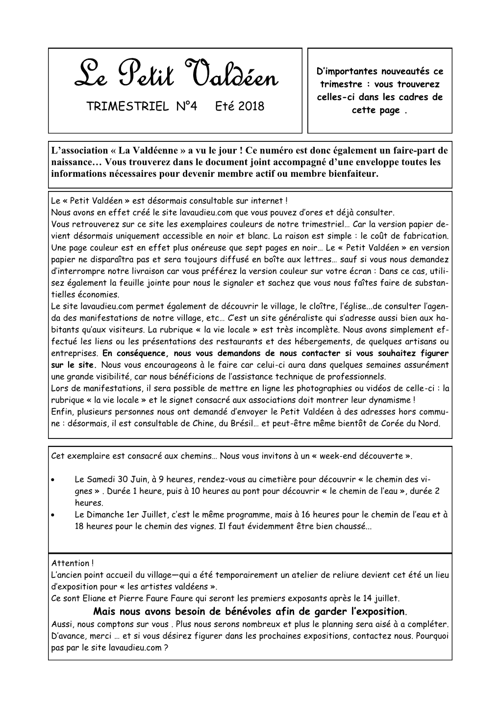 Le Petit Valdéen Trimestre : Vous Trouverez Celles-Ci Dans Les Cadres De TRIMESTRIEL N°4 Eté 2018 Cette Page