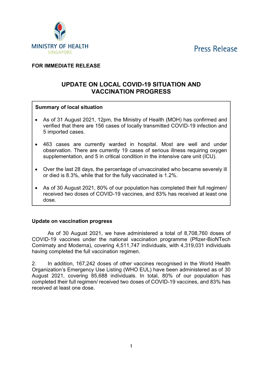 Update on Local Covid-19 Situation and Vaccination Progress