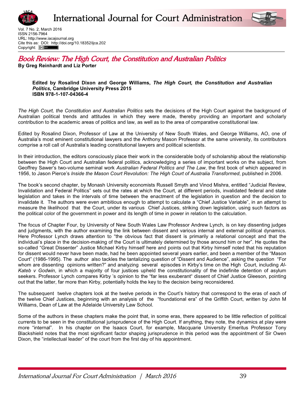 The High Court, the Constitution and Australian Politics by Greg Reinhardt and Liz Porter