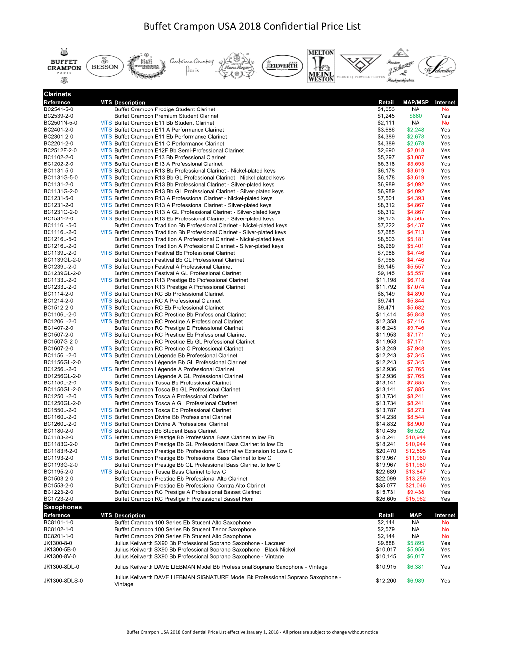 Buffet Crampon USA 2018 Confidential Price List (Condensed