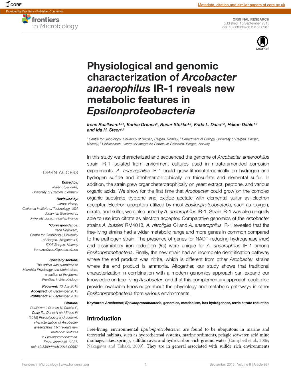 Physiological and Genomic Characterization of Arcobacter Anaerophilus IR-1 Reveals New Metabolic Features in Epsilonproteobacteria