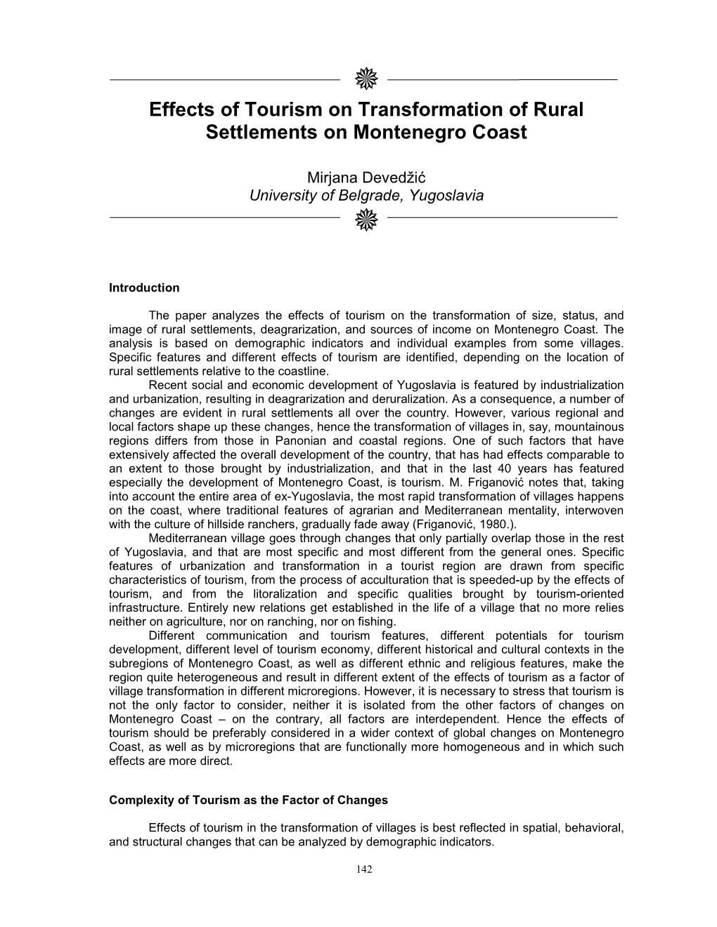 Effects of Tourism on Transformation of Rural Settlements on Montenegro Coast