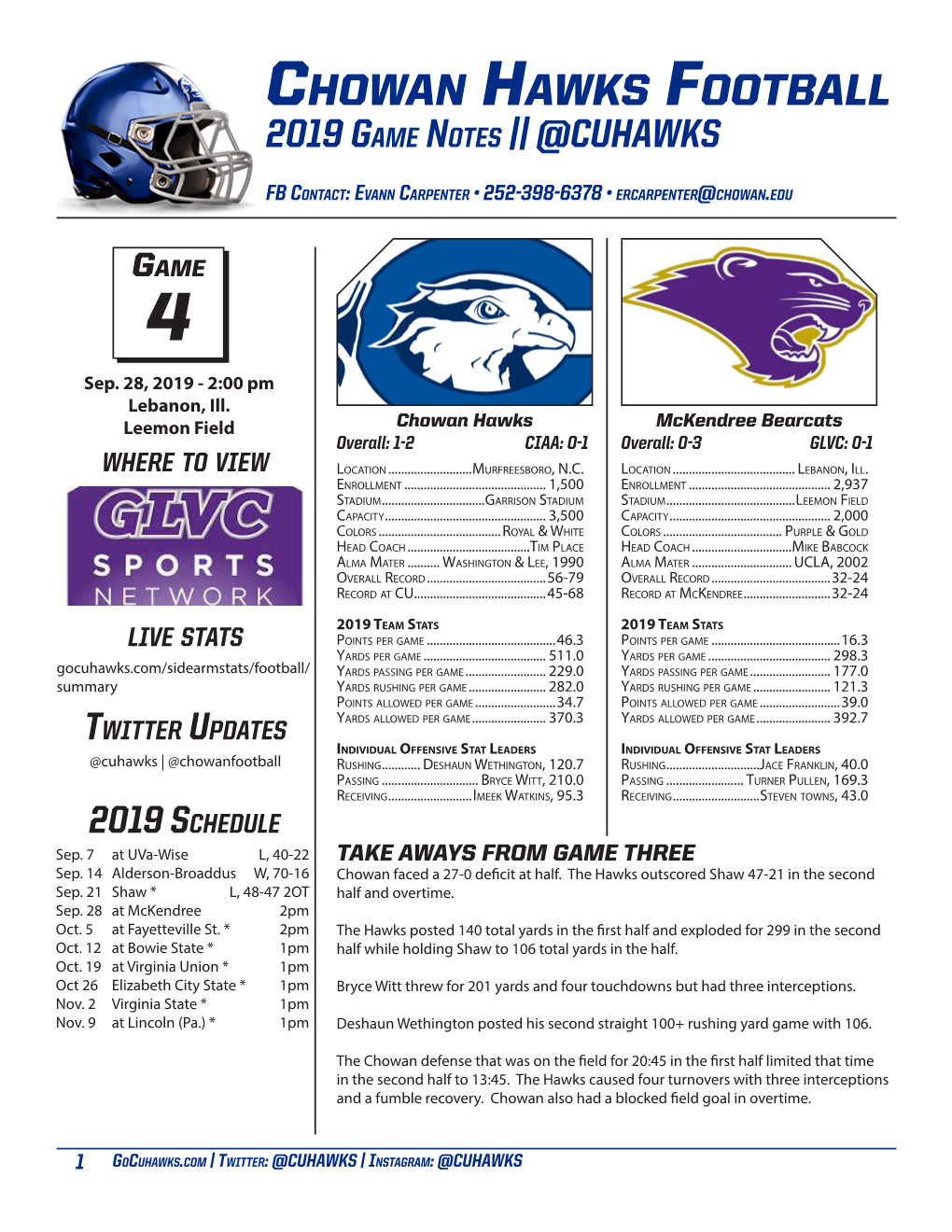 Chowan Hawks Football 2019 Game Notes || @CUHAWKS