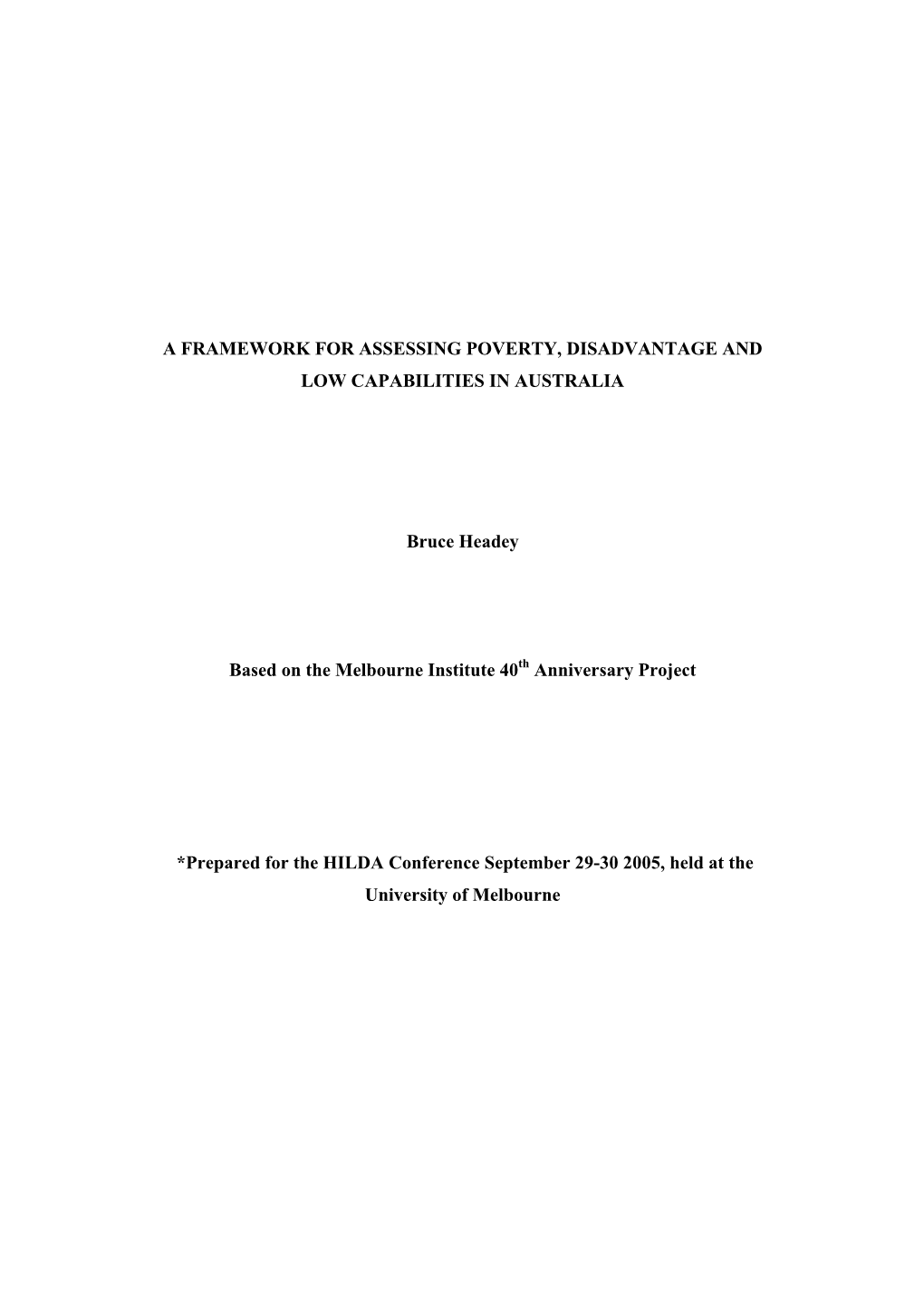 A Framework for Assessing Poverty, Disadvantage and Low Capabilities in Australia