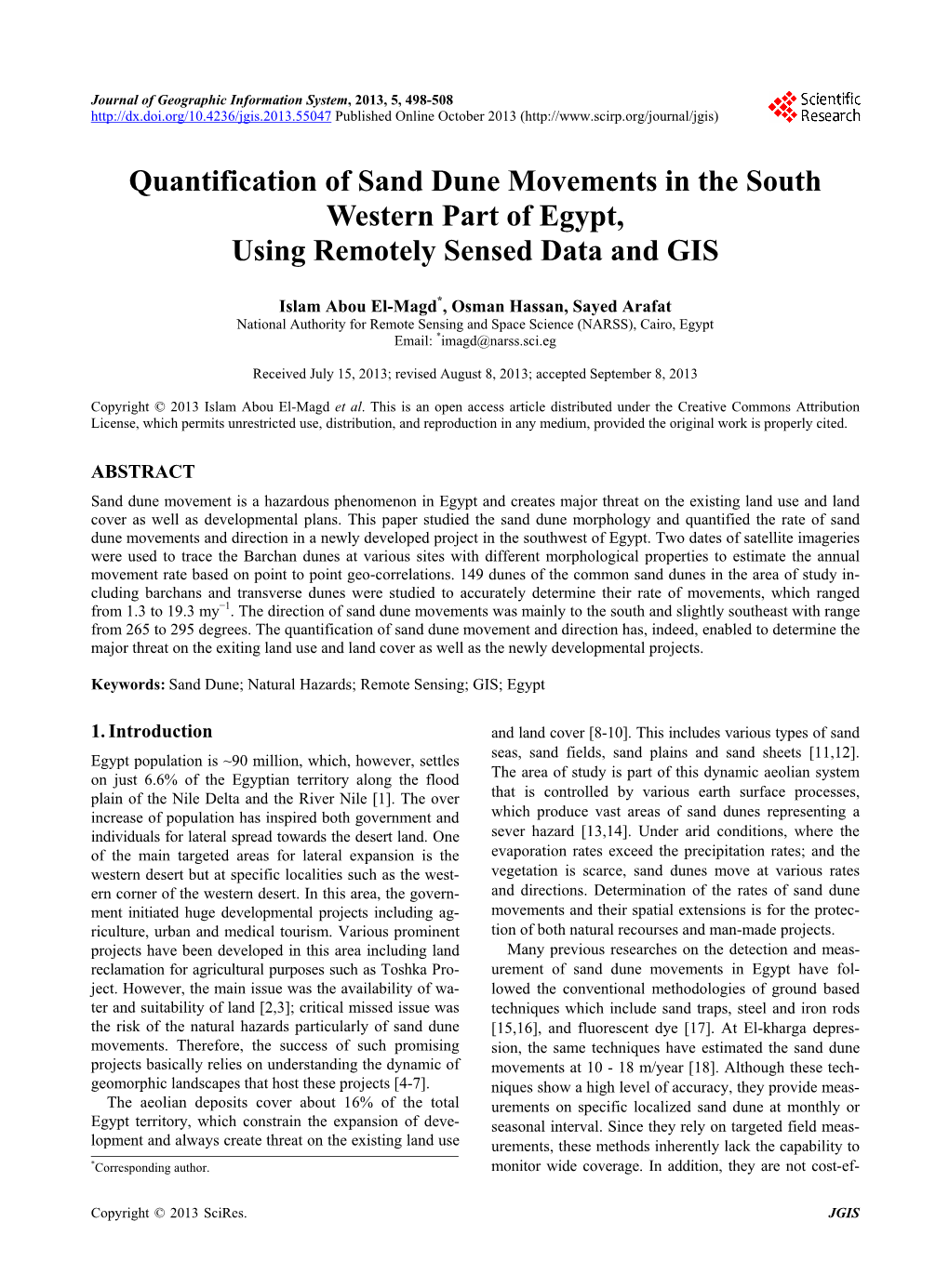 Quantification of Sand Dune Movements in the South Western Part of Egypt, Using Remotely Sensed Data and GIS