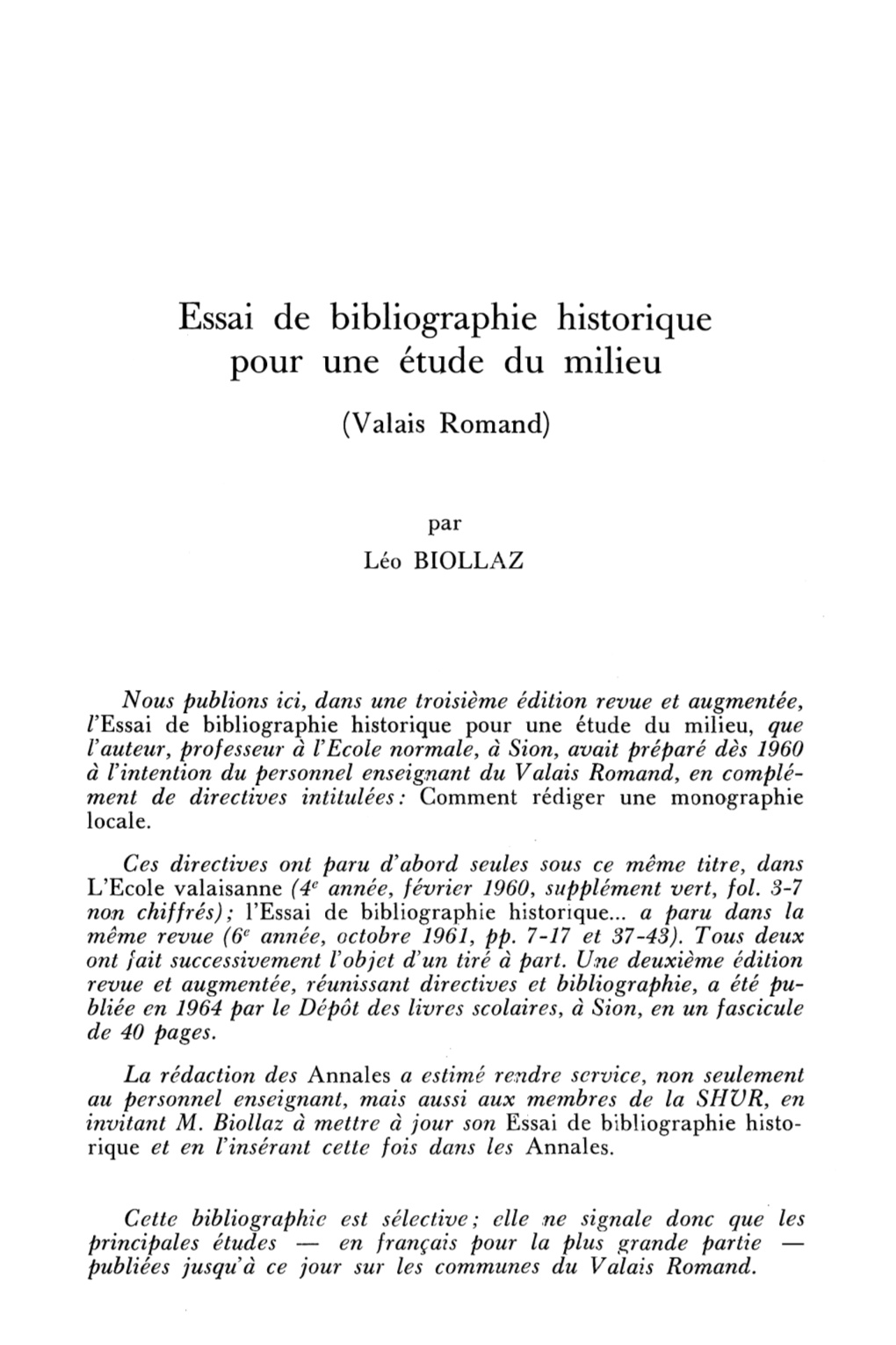 Essai De Bibliographie Historique Pour Une Étude Du Milieu