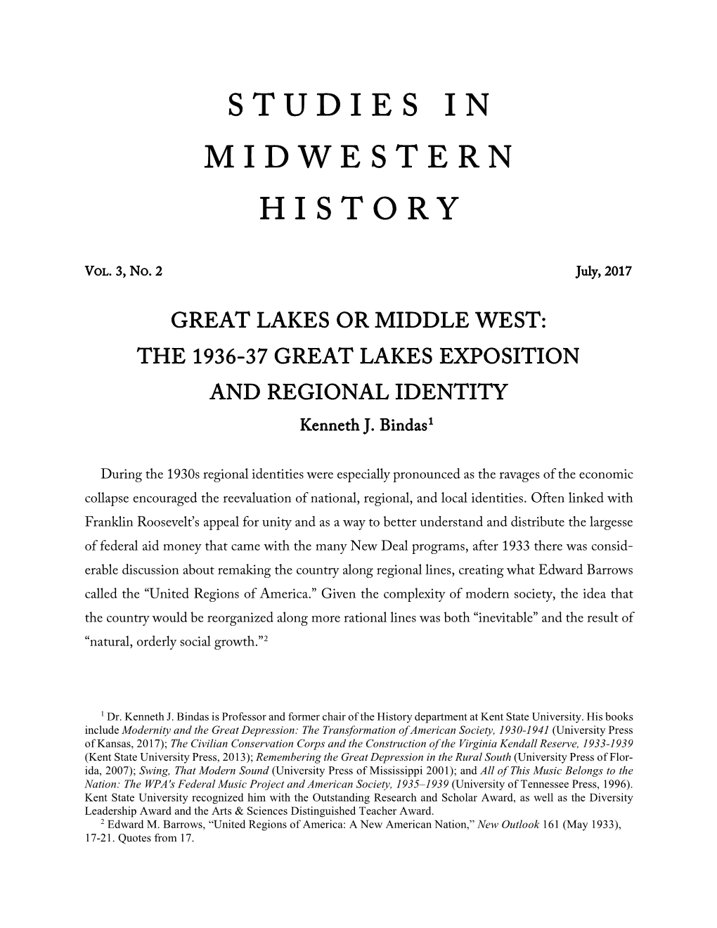 GREAT LAKES OR MIDDLE WEST: the 1936-37 GREAT LAKES EXPOSITION and REGIONAL IDENTITY Kenneth J