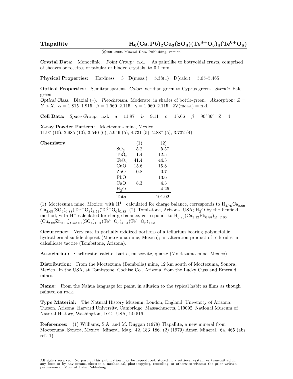 Tlapallite H6(Ca, Pb)2Cu3(SO4)(Te O3)4(Te O6) C 2001-2005 Mineral Data Publishing, Version 1