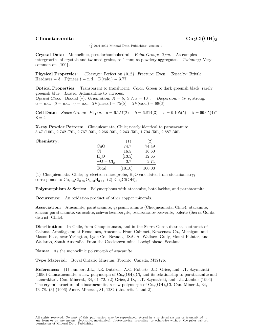 Clinoatacamite Cu2cl(OH)3 C 2001-2005 Mineral Data Publishing, Version 1