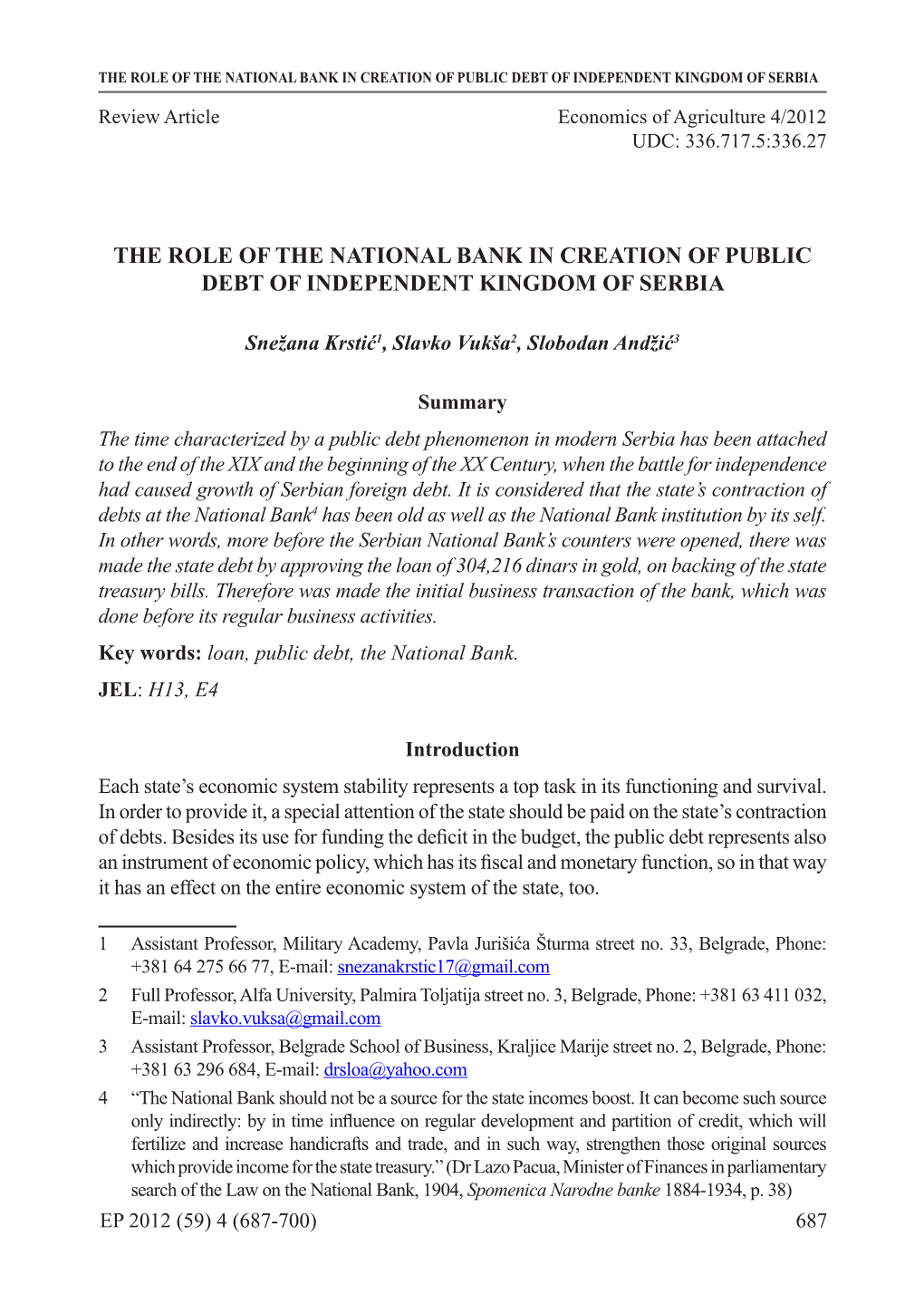 The Role of the National Bank in Creation of Public Debt of Independent Kingdom of Serbia